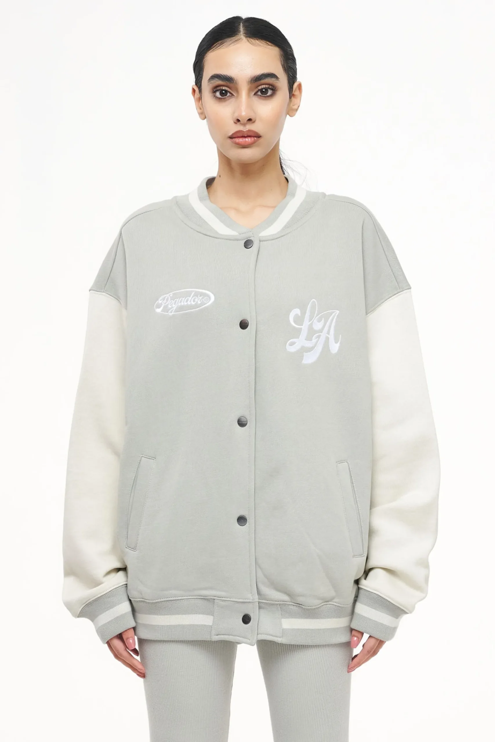 Pegador Dale Oversized Varsity Jacket Vintage Washed Quiet Gray Angels Cream