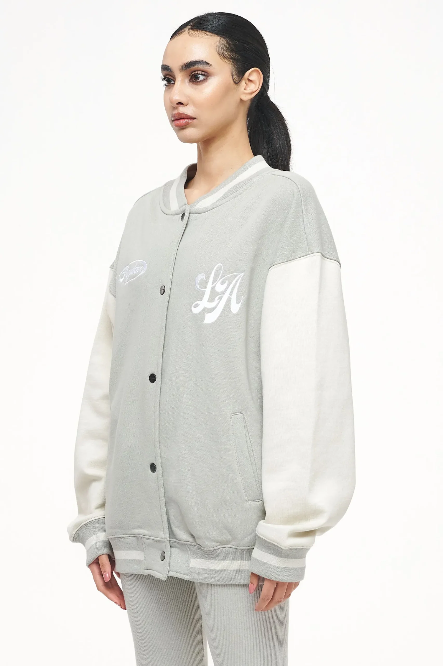 Pegador Dale Oversized Varsity Jacket Vintage Washed Quiet Gray Angels Cream