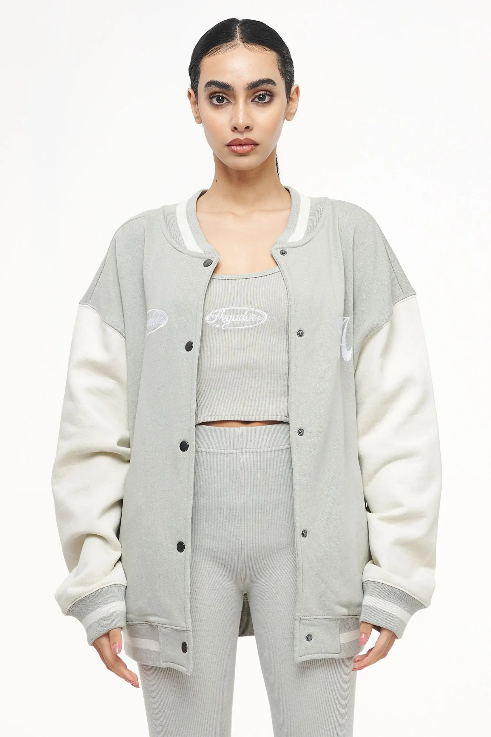 Pegador Dale Oversized Varsity Jacket Vintage Washed Quiet Gray Angels Cream