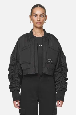 Pegador Laura Cropped Ruffed Oversized Jacket Black