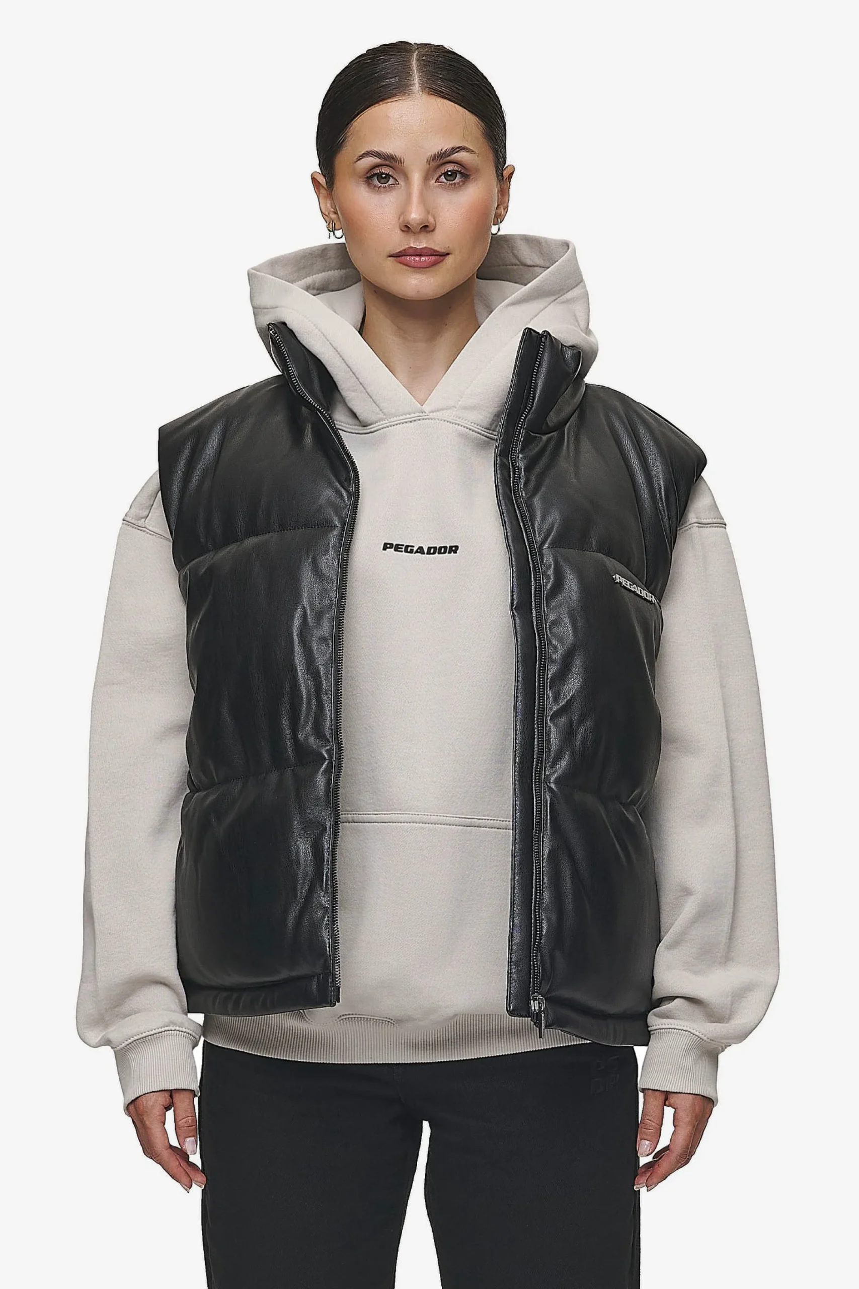 Pegador Priory Faux Leather Puffer Vest Metal Logo