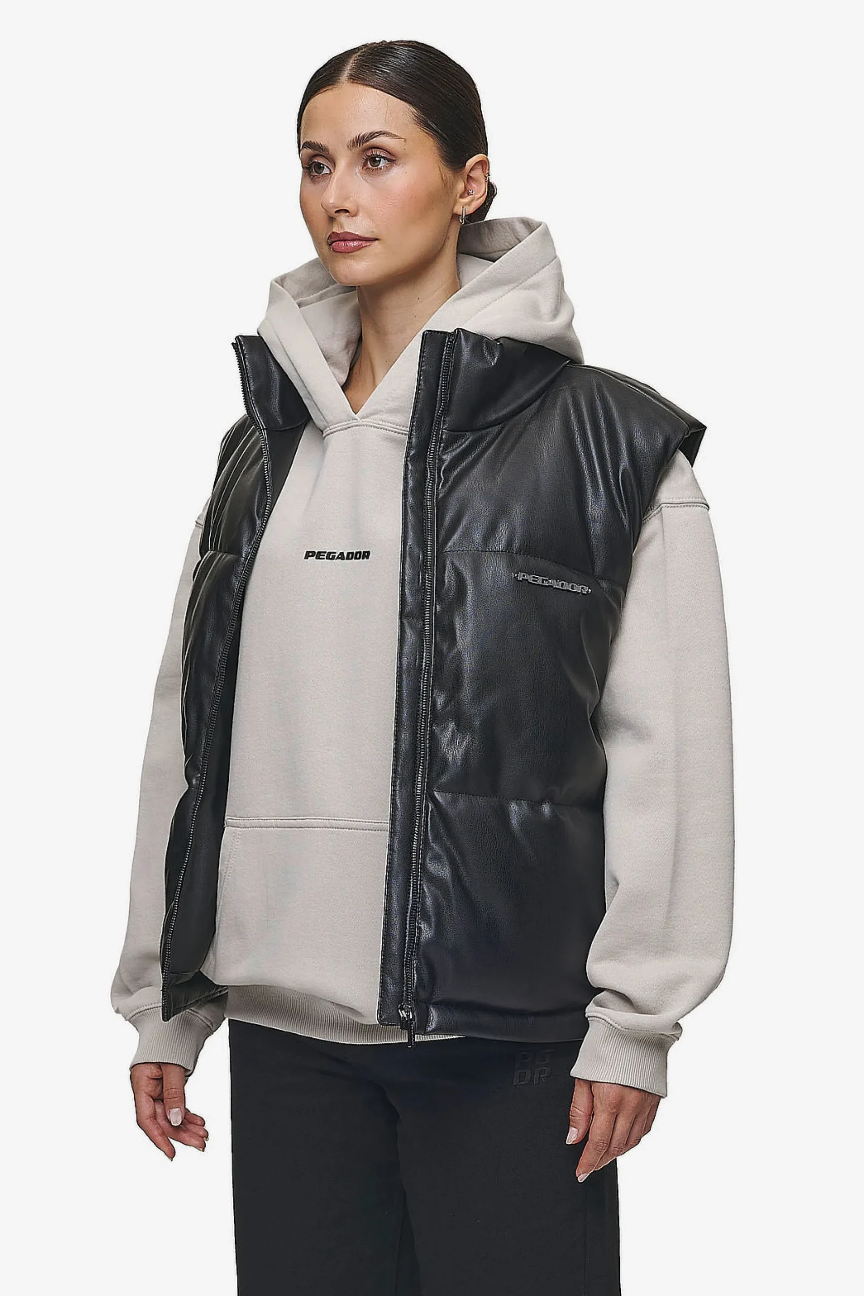 Pegador Priory Faux Leather Puffer Vest Metal Logo