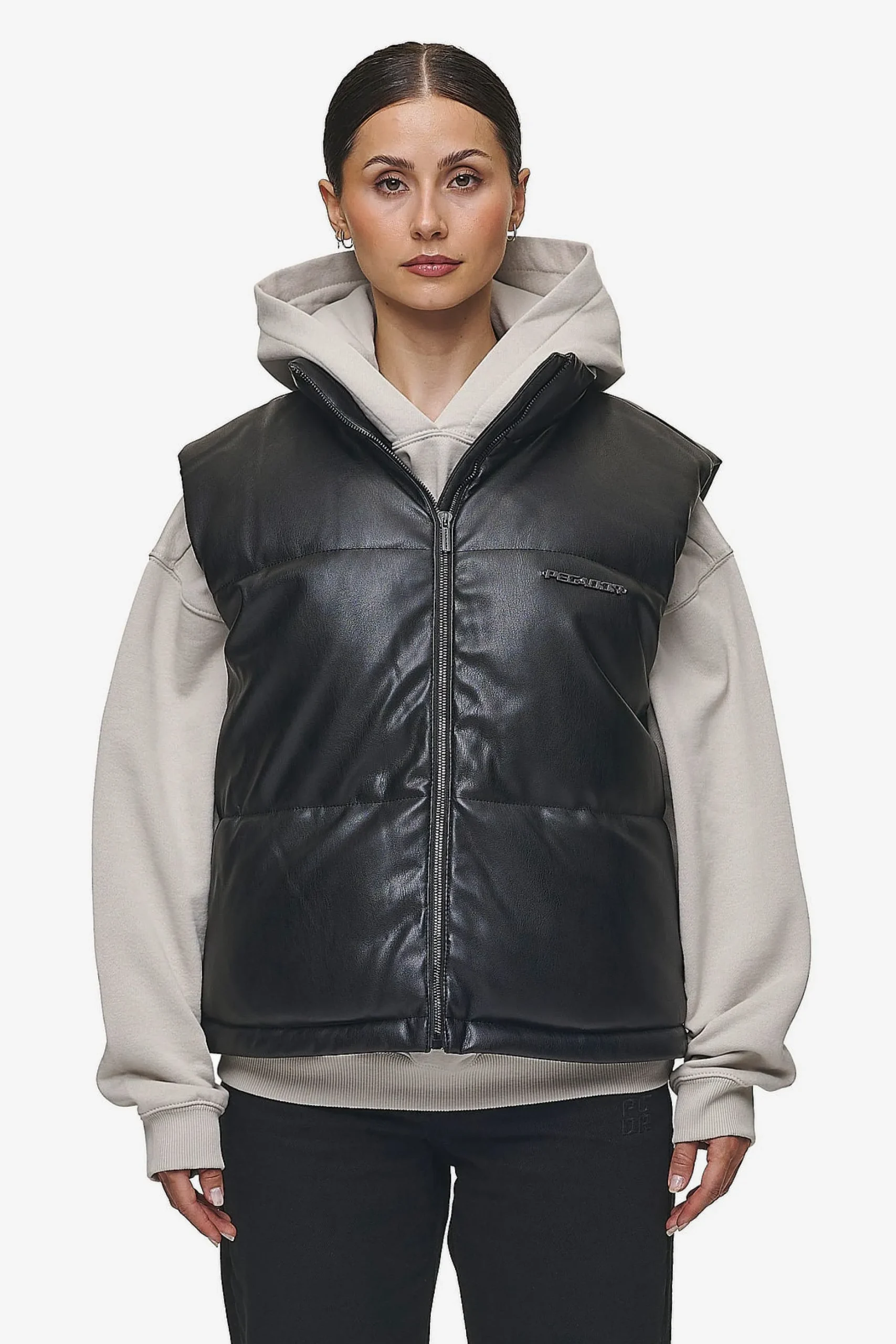 Pegador Priory Faux Leather Puffer Vest Metal Logo