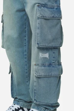 Pegador Romain Wide Denim Cargo Pants Washed Vintage Blue