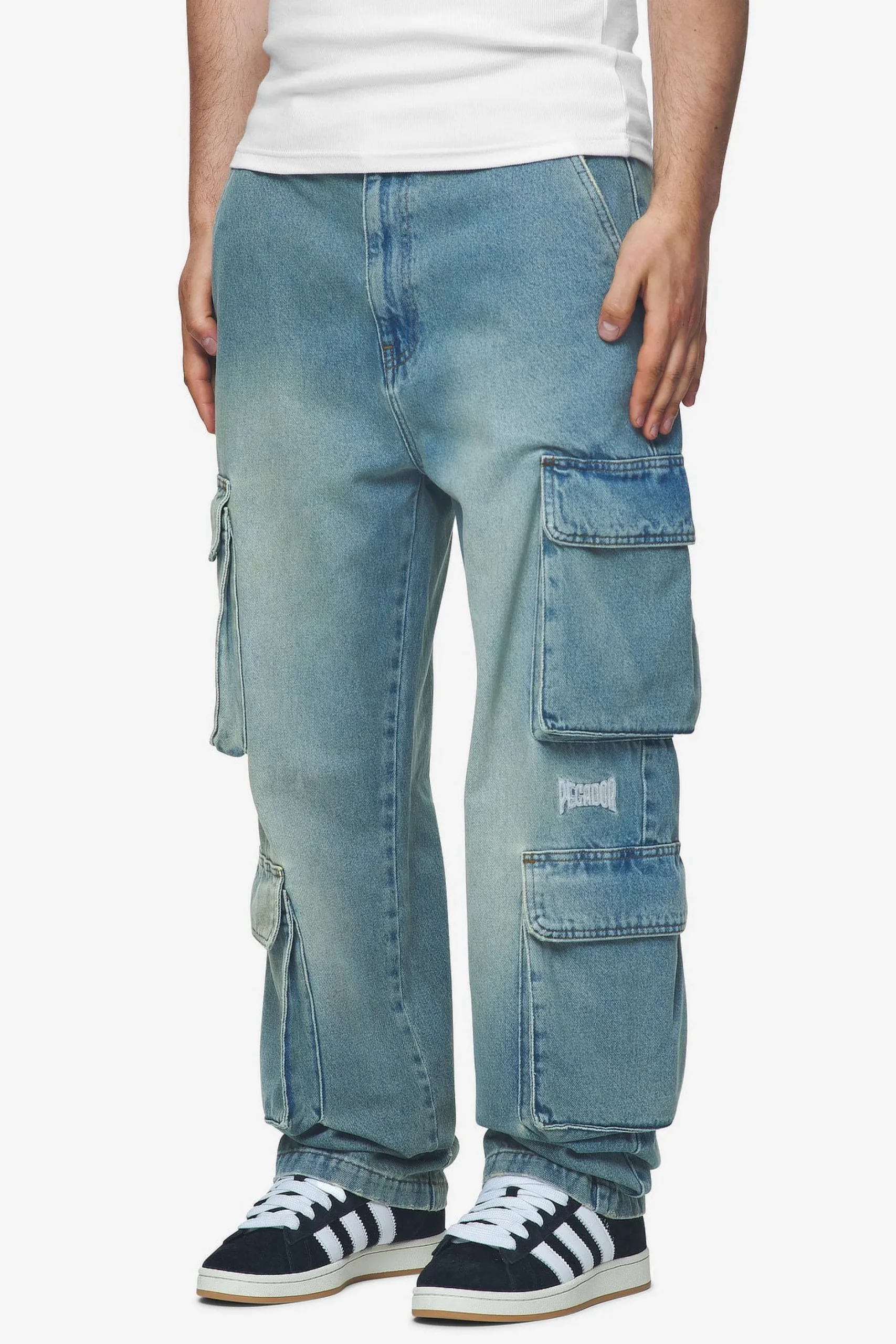 Pegador Romain Wide Denim Cargo Pants Washed Vintage Blue