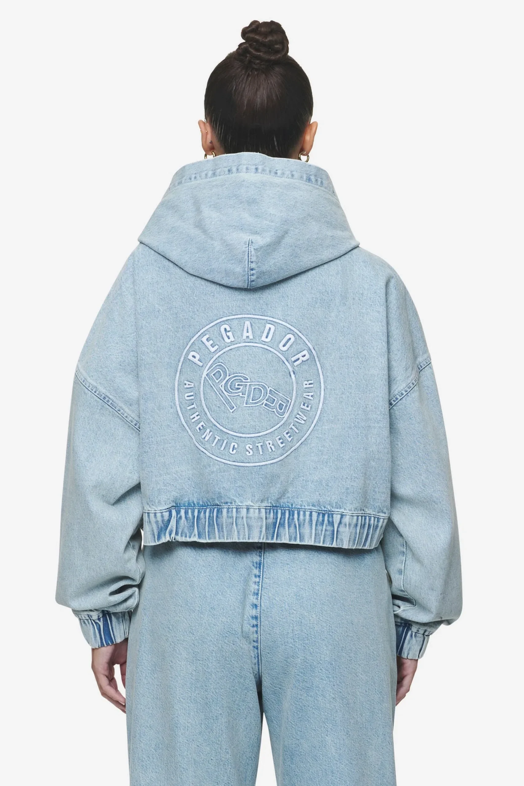 Pegador Zona Cropped Denim Zip Jacket Washed Pale Blue