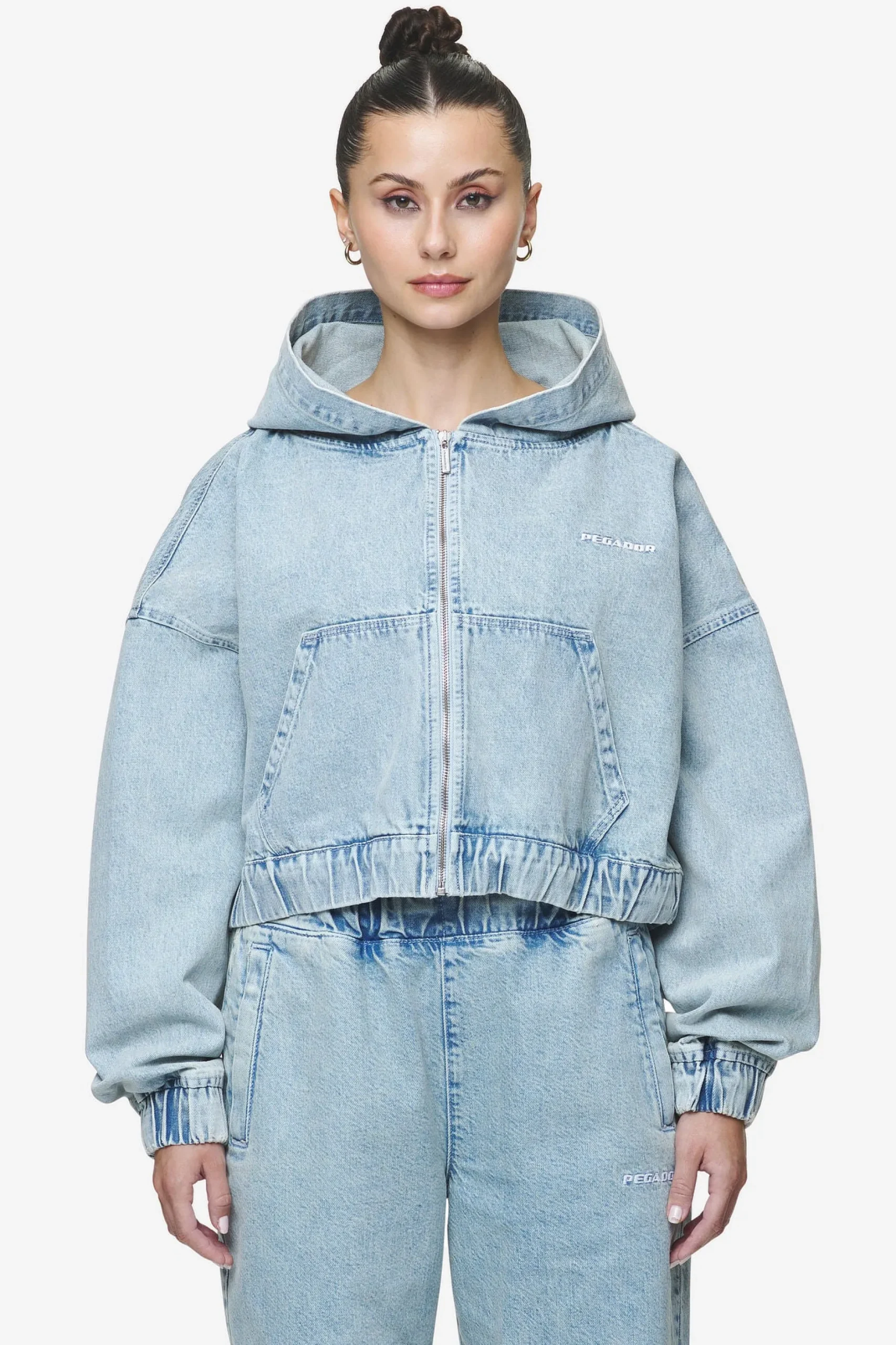 Pegador Zona Cropped Denim Zip Jacket Washed Pale Blue
